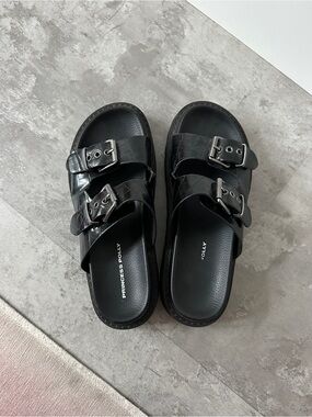 Princess Polly Black Croc Double-Buckle Slide Sandals